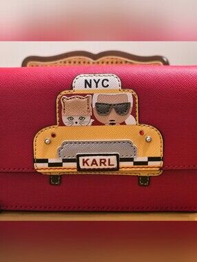 Karl Lagerfeld fuchsia crossbody with yellow taxi appliqué